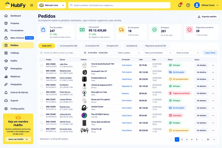 Tela Pedidos da HubFy com a lista de vendas e o status de cada envio