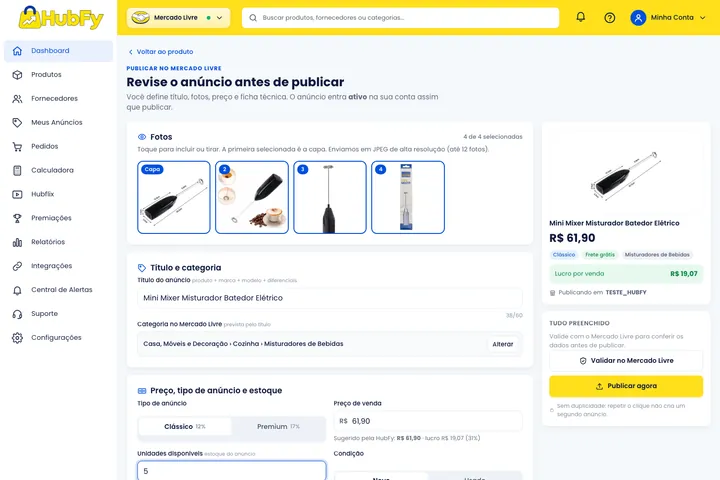 Tela Publicar da HubFy: fotos, título, categoria prevista e lucro por venda antes de publicar